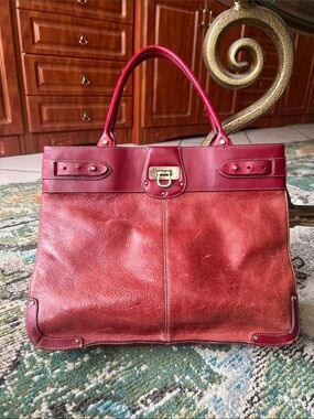 All Leather Liz Claiborne Candy Apple Red Top-Handle Tote Bag